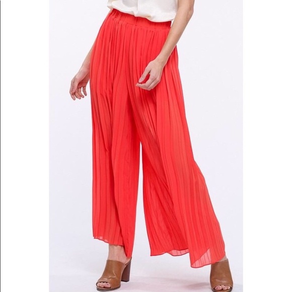 Orange Chiffon Pleated Wide Leg Pants - Picture 3 of 6